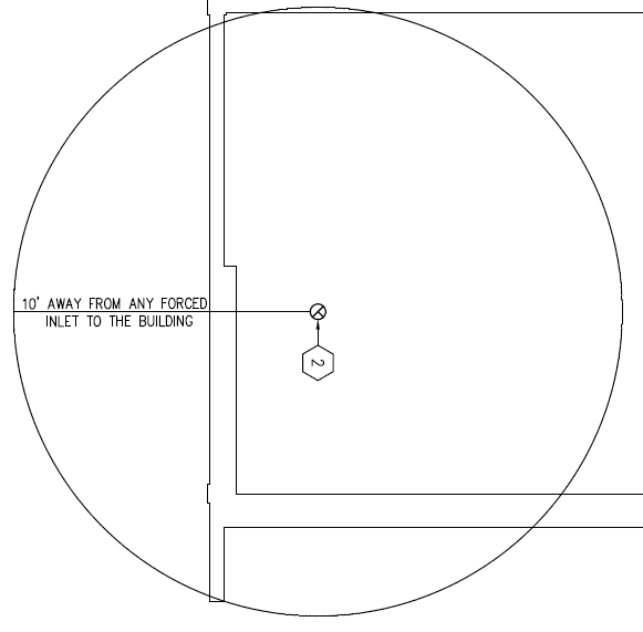 Example of a plan note requiring a 10-ft separation from any forced air inlet. The radius is measured from the exhaust discharge point.